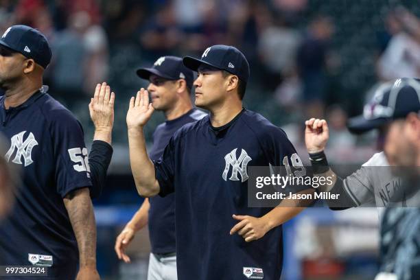 Masahiro Tanaka of the New York Yankees celebrates after the Yankees defeated the Cleveland Indians at Progressive Field on July 12, 2018 in...