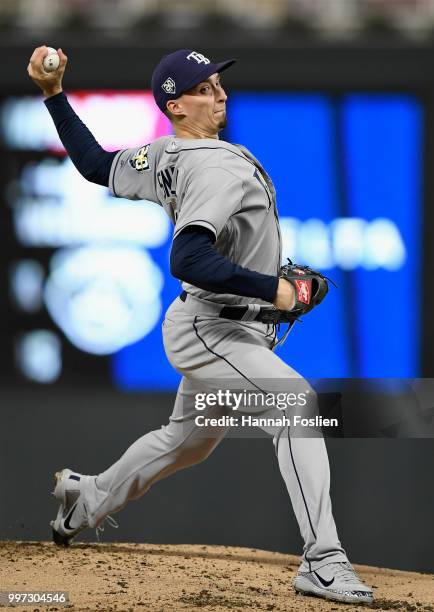 Blake Snell of the Tampa Bay Rays delivers a pitch against the Minnesota Twins during the first inning of the game on July 12, 2018 at Target Field...