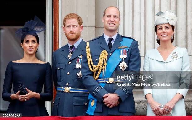 Meghan, Duchess of Sussex, Prince Harry, Duke of Sussex, Prince William, Duke of Cambridge and Catherine, Duchess of Cambridge watch a flypast to...
