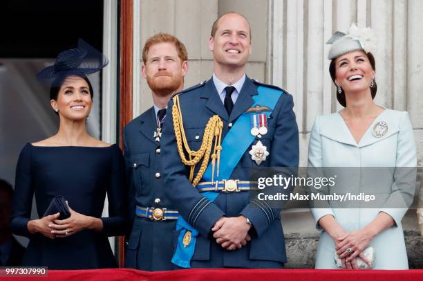 Meghan, Duchess of Sussex, Prince Harry, Duke of Sussex, Prince William, Duke of Cambridge and Catherine, Duchess of Cambridge watch a flypast to...