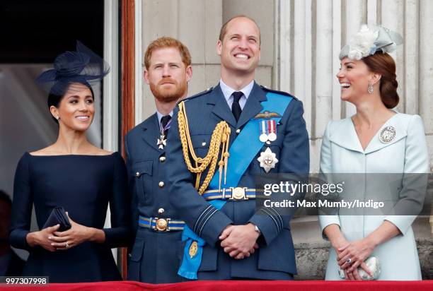 Meghan, Duchess of Sussex, Prince Harry, Duke of Sussex, Prince William, Duke of Cambridge and Catherine, Duchess of Cambridge watch a flypast to...