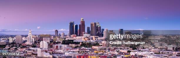 aerial panorama of downtown los angeles at sunset - downtown los angeles aerial stock pictures, royalty-free photos & images