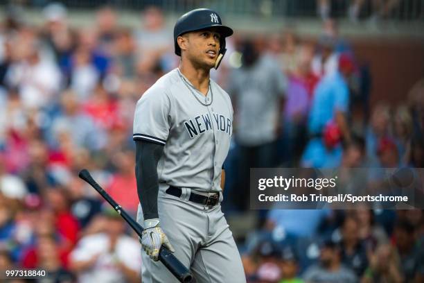 Giancarlo Stanton of the New York Yankees looks on during the game against the Philadelphia Phillies at Citizens Bank Park on Tuesday, June 26, 2018...