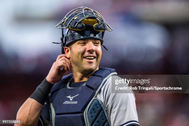 Austin Romine of the New York Yankees looks on during the game against the Philadelphia Phillies at Citizens Bank Park on Tuesday, June 26, 2018 in...