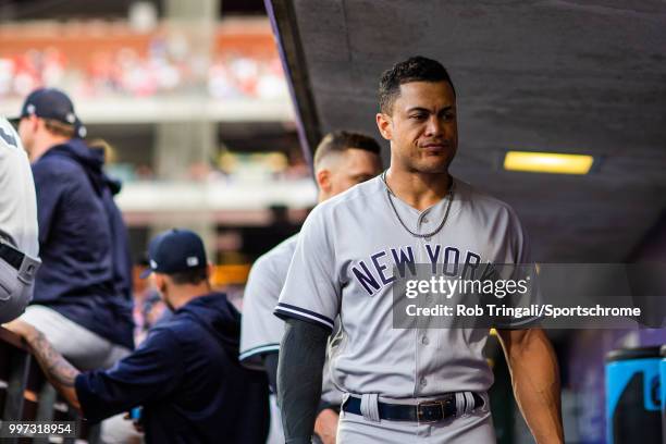 Giancarlo Stanton of the New York Yankees looks on during the game against the Philadelphia Phillies at Citizens Bank Park on Tuesday, June 26, 2018...