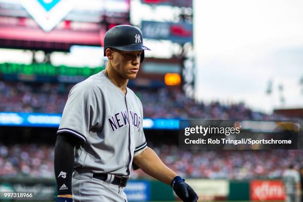 Aaron Judge of the New York Yankees looks on during the game against the Philadelphia Phillies at Citizens Bank Park on Tuesday, June 26, 2018 in...