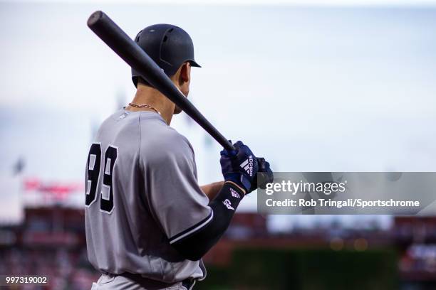 Aaron Judge of the New York Yankees looks on during the game against the Philadelphia Phillies at Citizens Bank Park on Tuesday, June 26, 2018 in...