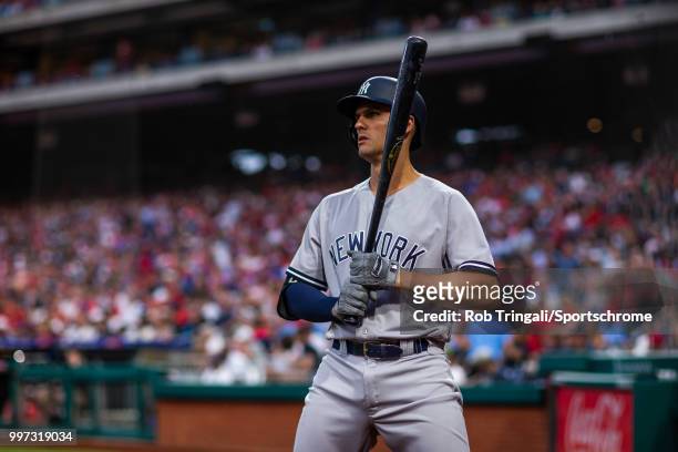 Greg Bird of the New York Yankees looks on during the game against the Philadelphia Phillies at Citizens Bank Park on Tuesday, June 26, 2018 in...