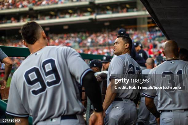 Giancarlo Stanton of the New York Yankees looks on during the game against the Philadelphia Phillies at Citizens Bank Park on Tuesday, June 26, 2018...