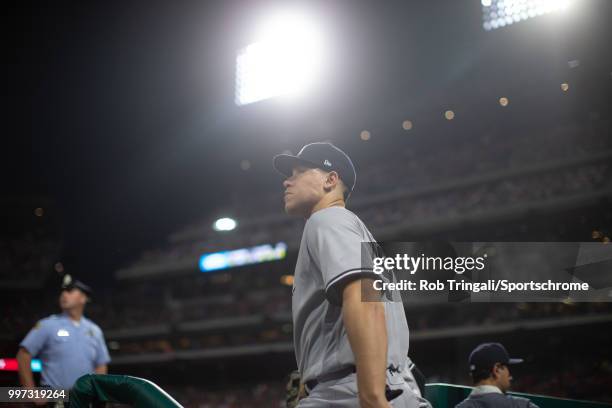 Aaron Judge of the New York Yankees looks on during the game against the Philadelphia Phillies at Citizens Bank Park on Tuesday, June 26, 2018 in...