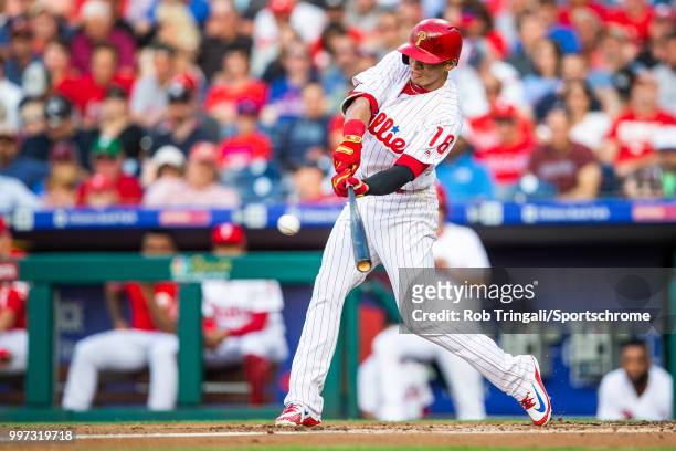 Cesar Hernandez of the Philadelphia Phillies bats during the game against the New York Yankees at Citizens Bank Park on Tuesday, June 26, 2018 in...