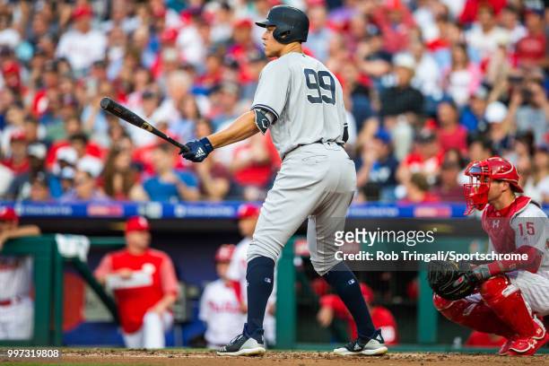 Aaron Judge of the New York Yankees bats during the game against the Philadelphia Phillies at Citizens Bank Park on Tuesday, June 26, 2018 in...
