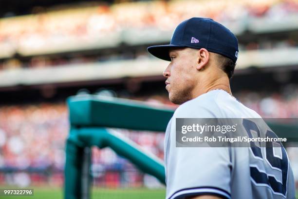 Aaron Judge of the New York Yankees looks on during the game against the Philadelphia Phillies at Citizens Bank Park on Tuesday, June 26, 2018 in...