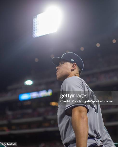 Aaron Judge of the New York Yankees looks on during the game against the Philadelphia Phillies at Citizens Bank Park on Tuesday, June 26, 2018 in...