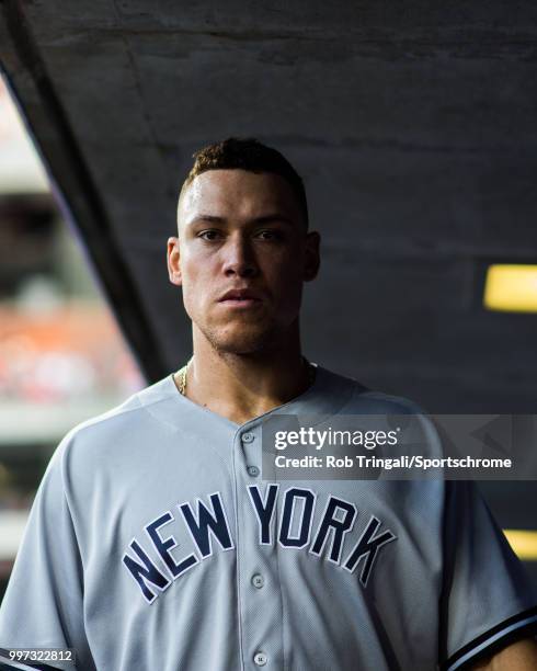 Aaron Judge of the New York Yankees looks on during the game against the Philadelphia Phillies at Citizens Bank Park on Tuesday, June 26, 2018 in...