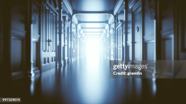 mysterious dark hall with light - hotel hallway stock pictures, royalty-free photos & images