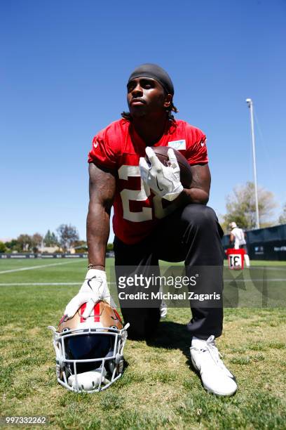 Jerick McKinnon of the San Francisco 49ers kneels on the field during the team Mini Camp at the SAP Training Facility on June 12, 2018 in Santa...