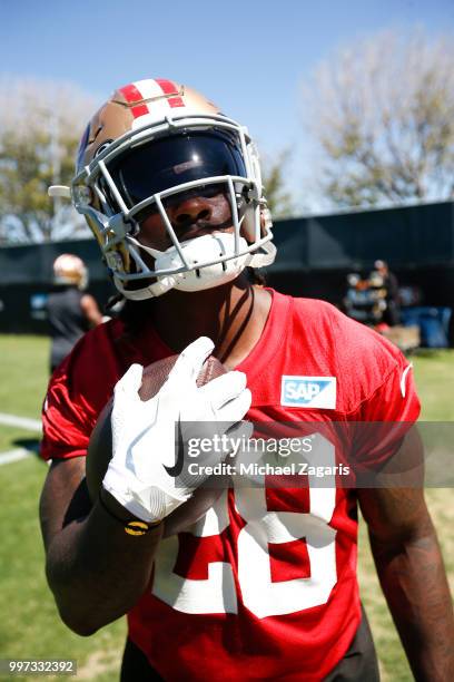 Jerick McKinnon of the San Francisco 49ers stands on the field during the team Mini Camp at the SAP Training Facility on June 12, 2018 in Santa...