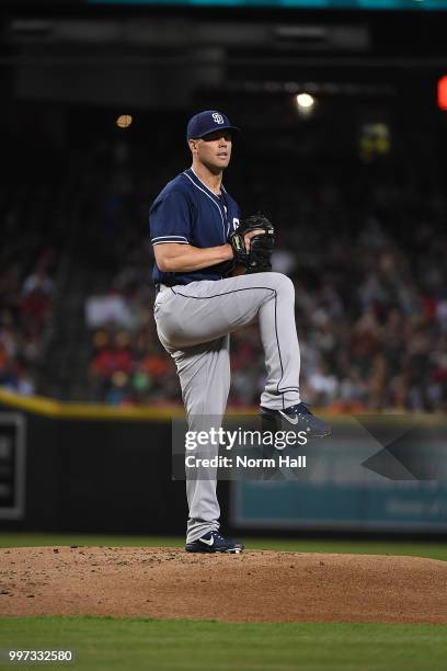 Clayton Richard of the San Diego Padres delivers a pitch against the Arizona Diamondbacks at Chase Field on July 8, 2018 in Phoenix, Arizona.