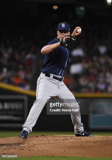 Clayton Richard of the San Diego Padres delivers a pitch against the Arizona Diamondbacks at Chase Field on July 8, 2018 in Phoenix, Arizona.