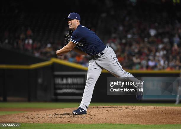 Clayton Richard of the San Diego Padres delivers a pitch against the Arizona Diamondbacks at Chase Field on July 8, 2018 in Phoenix, Arizona.