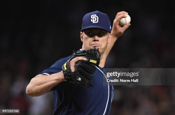 Clayton Richard of the San Diego Padres delivers a pitch against the Arizona Diamondbacks at Chase Field on July 8, 2018 in Phoenix, Arizona.