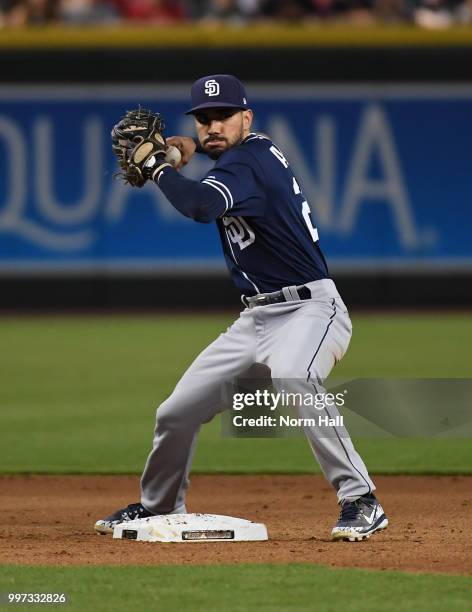 Carlos Asuaje of the San Diego Padres makes a throw to first base against the Arizona Diamondbacks at Chase Field on July 8, 2018 in Phoenix, Arizona.