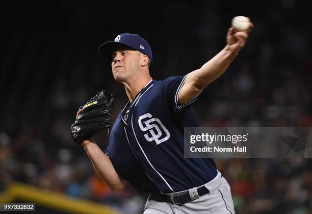 Clayton Richard of the San Diego Padres delivers a pitch against the Arizona Diamondbacks at Chase Field on July 8, 2018 in Phoenix, Arizona.