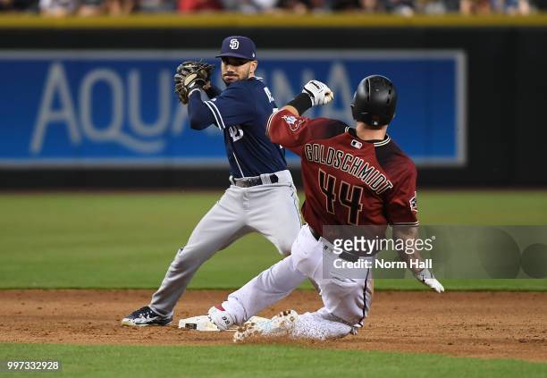 Carlos Asuaje of the San Diego Padres attempts to turn a double play as Paul Goldschmidt of the Arizona Diamondbacks slides into second base at Chase...