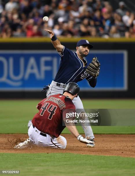 Carlos Asuaje of the San Diego Padres attempts to turn a double play as Paul Goldschmidt of the Arizona Diamondbacks slides into second base at Chase...