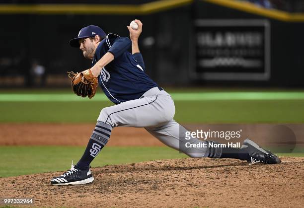 Adam Cimber of the San Diego Padres delivers a pitch against the Arizona Diamondbacks at Chase Field on July 8, 2018 in Phoenix, Arizona.