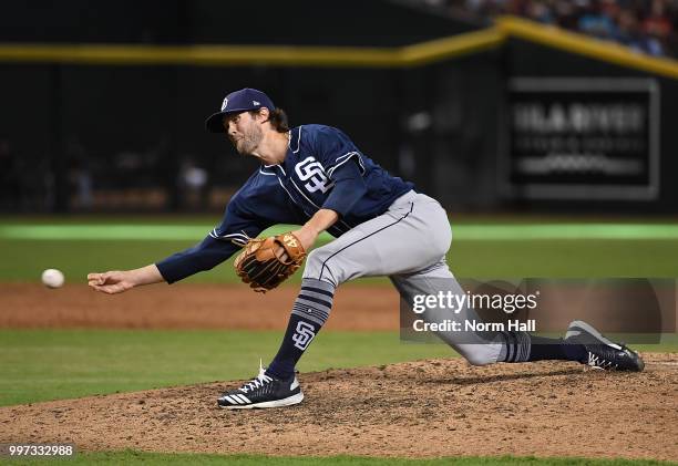 Adam Cimber of the San Diego Padres delivers a pitch against the Arizona Diamondbacks at Chase Field on July 8, 2018 in Phoenix, Arizona.