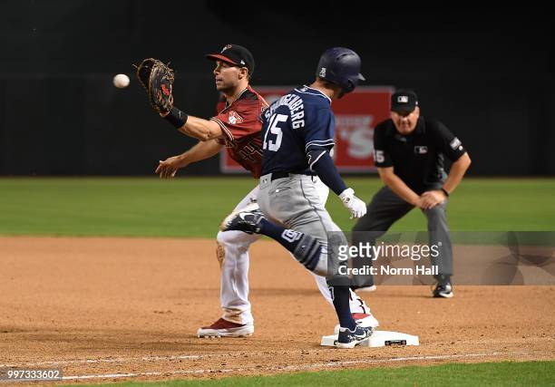 Cory Spangenberg of the San Diego Padres beats out the throw at first base as Paul Goldschmidt of the Arizona Diamondbacks waits for the throw at...