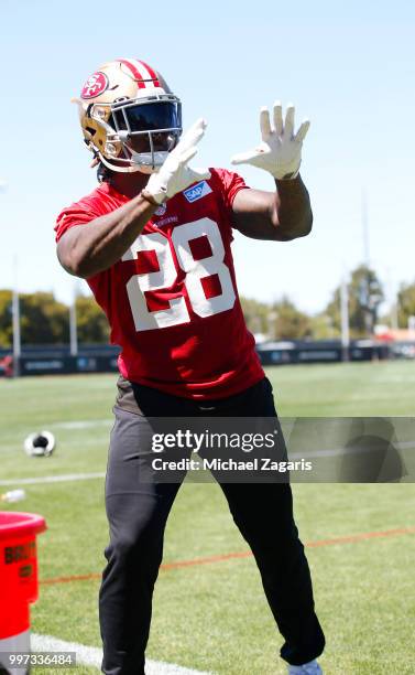 Jerick McKinnon of the San Francisco 49ers stands on the field during the team Mini Camp at the SAP Training Facility on June 12, 2018 in Santa...