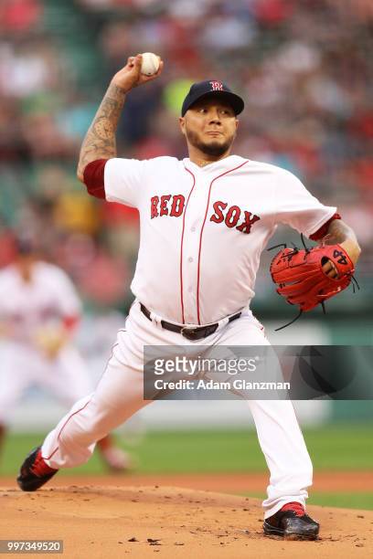 Hector Velazquez of the Boston Red Sox pitches in the first inning of a game against the Texas Rangers at Fenway Park on July 10, 2018 in Boston,...