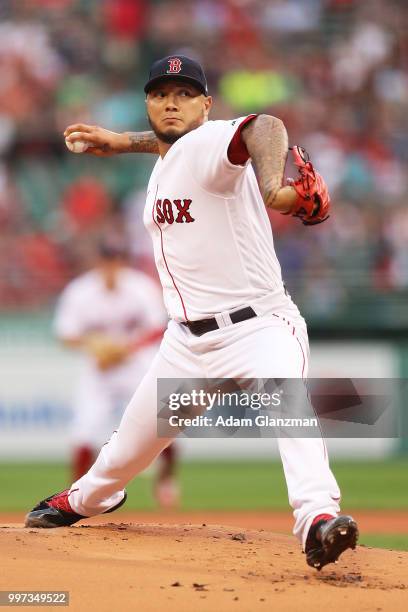 Hector Velazquez of the Boston Red Sox pitches in the first inning of a game against the Texas Rangers at Fenway Park on July 10, 2018 in Boston,...