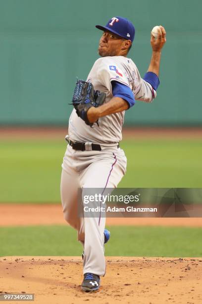 Yovani Gallardo of the Texas Rangers pitches in the first inning of a game against the Boston Red Sox at Fenway Park on July 10, 2018 in Boston,...