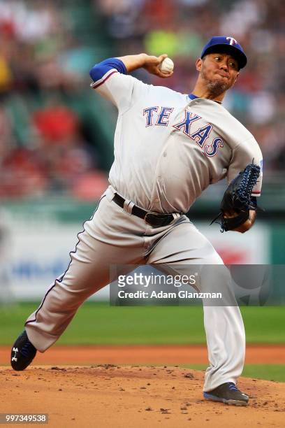 Yovani Gallardo of the Texas Rangers pitches in the first inning of a game against the Boston Red Sox at Fenway Park on July 10, 2018 in Boston,...
