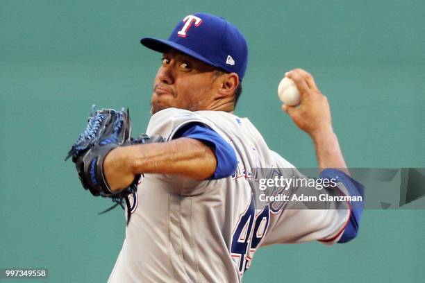 Yovani Gallardo of the Texas Rangers pitches in the first inning of a game against the Boston Red Sox at Fenway Park on July 10, 2018 in Boston,...