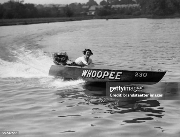 Trial with Whoopee. The picture shows a female participant of the Duchess of York Trophy, taking place in Rickmansworth near London, at speed in her...