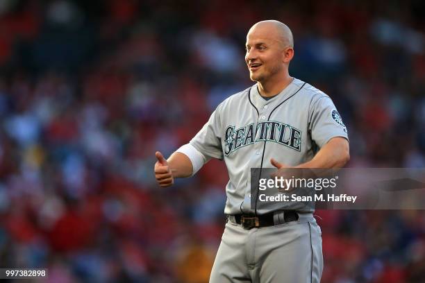 Kyle Seager of the Seattle Mariners looks on during the first inning of a game at against the Los Angeles Angels of Anaheim Angel Stadium on July 12,...