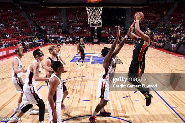 Omari Spellman of the Atlanta Hawks shoots the ball against the Portland Trail Blazers during the 2018 Las Vegas Summer League on July 12, 2018 at...