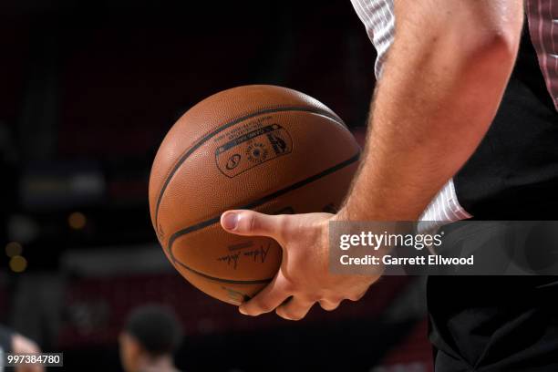 Official game ball is photographed during the game between the Atlanta Hawks and Portland Trail Blazers during the 2018 Las Vegas Summer League on...