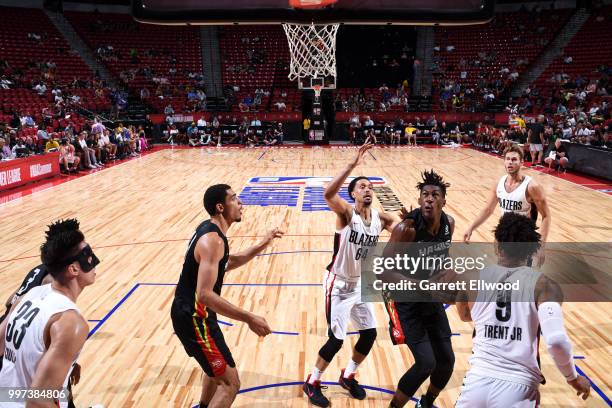 Alpha Kaba of the Atlanta Hawks handles the ball against the Portland Trail Blazers during the 2018 Las Vegas Summer League on July 12, 2018 at the...