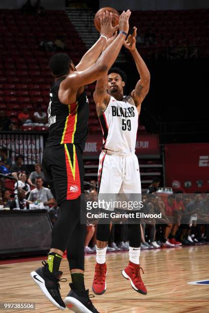 McDaniels of the Portland Trail Blazers shoots the ball against the Atlanta Hawks during the 2018 Las Vegas Summer League on July 12, 2018 at the...