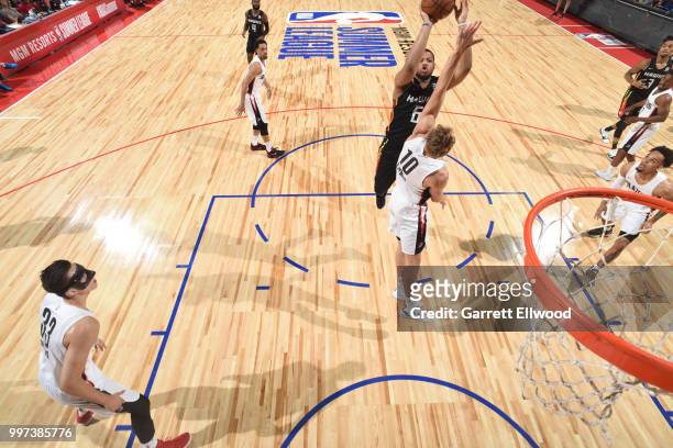 Omari Spellman f the Atlanta Hawks shoots the ball against the Portland Trail Blazers during the 2018 Las Vegas Summer League on July 12, 2018 at the...