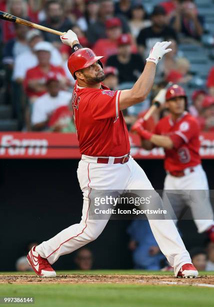 Los Angeles Angels of Anaheim designated hitter Albert Pujols hits a two run home run for his 3,053rd career hit that ties him with Rod Carew for...