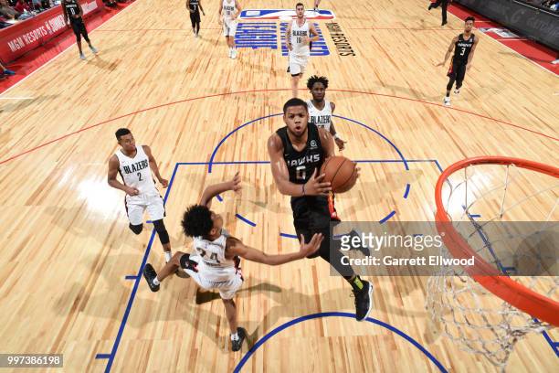 Omari Spellman of the Atlanta Hawks goes to the basket against the Portland Trail Blazers during the 2018 Las Vegas Summer League on July 12, 2018 at...