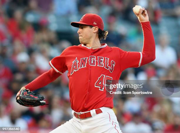 Los Angeles Angels of Anaheim pitcher Tyler Skaggs in action during the first inning of a game against the Seattle Mariners played on July 12, 2018...