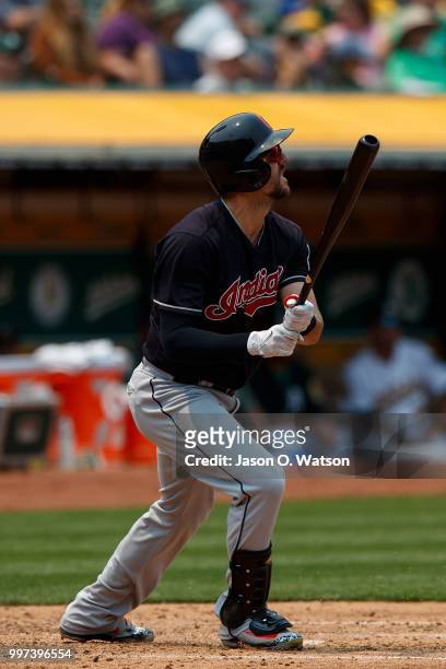 Lonnie Chisenhall of the Cleveland Indians at bat against the Oakland Athletics during the fourth inning at the Oakland Coliseum on July 1, 2018 in...